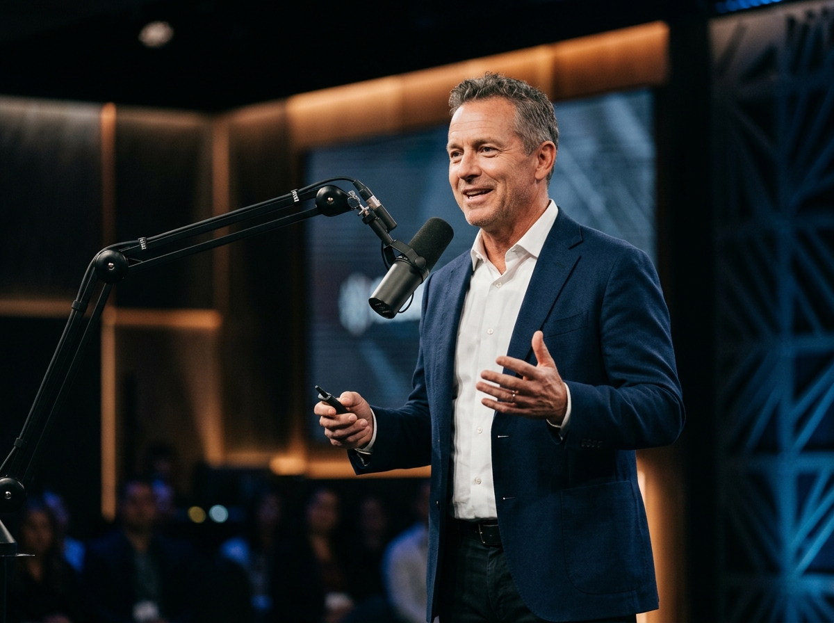 Speaker delivering a presentation on stage