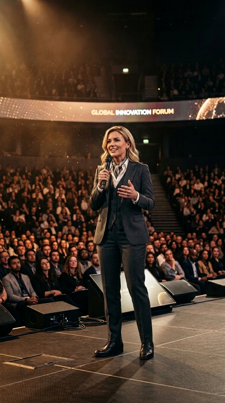 Speaker delivering a keynote address at the Global Innovation Forum, generated from a Voiche practice script