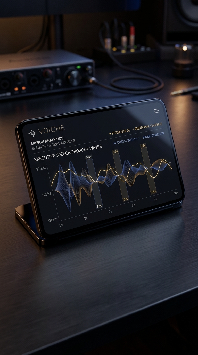 Voiche speech analytics interface showing real-time pitch, emotional cadence, and pause-duration tracking for an executive address