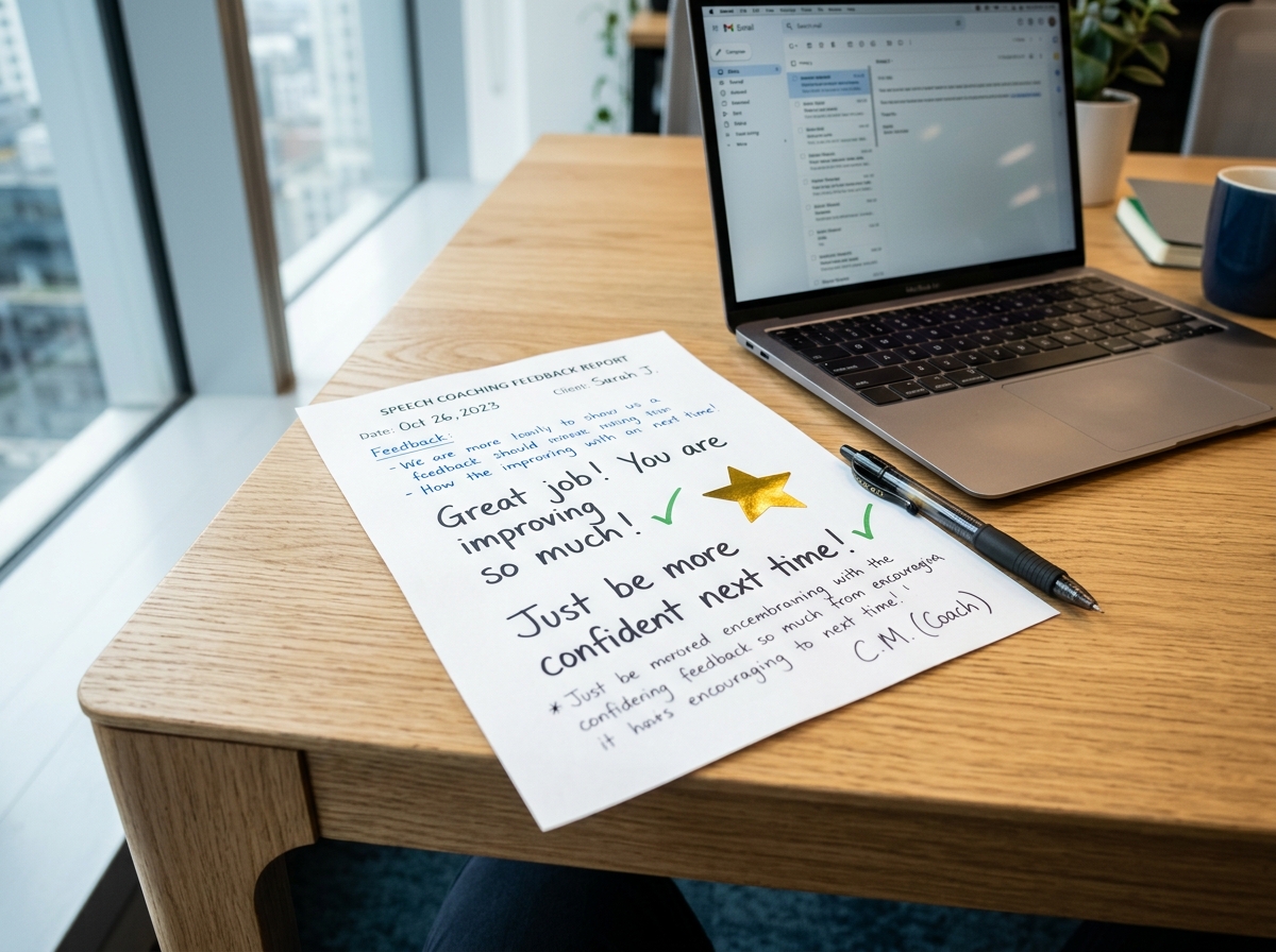 Speech coaching feedback notes with gold star and subjective praise