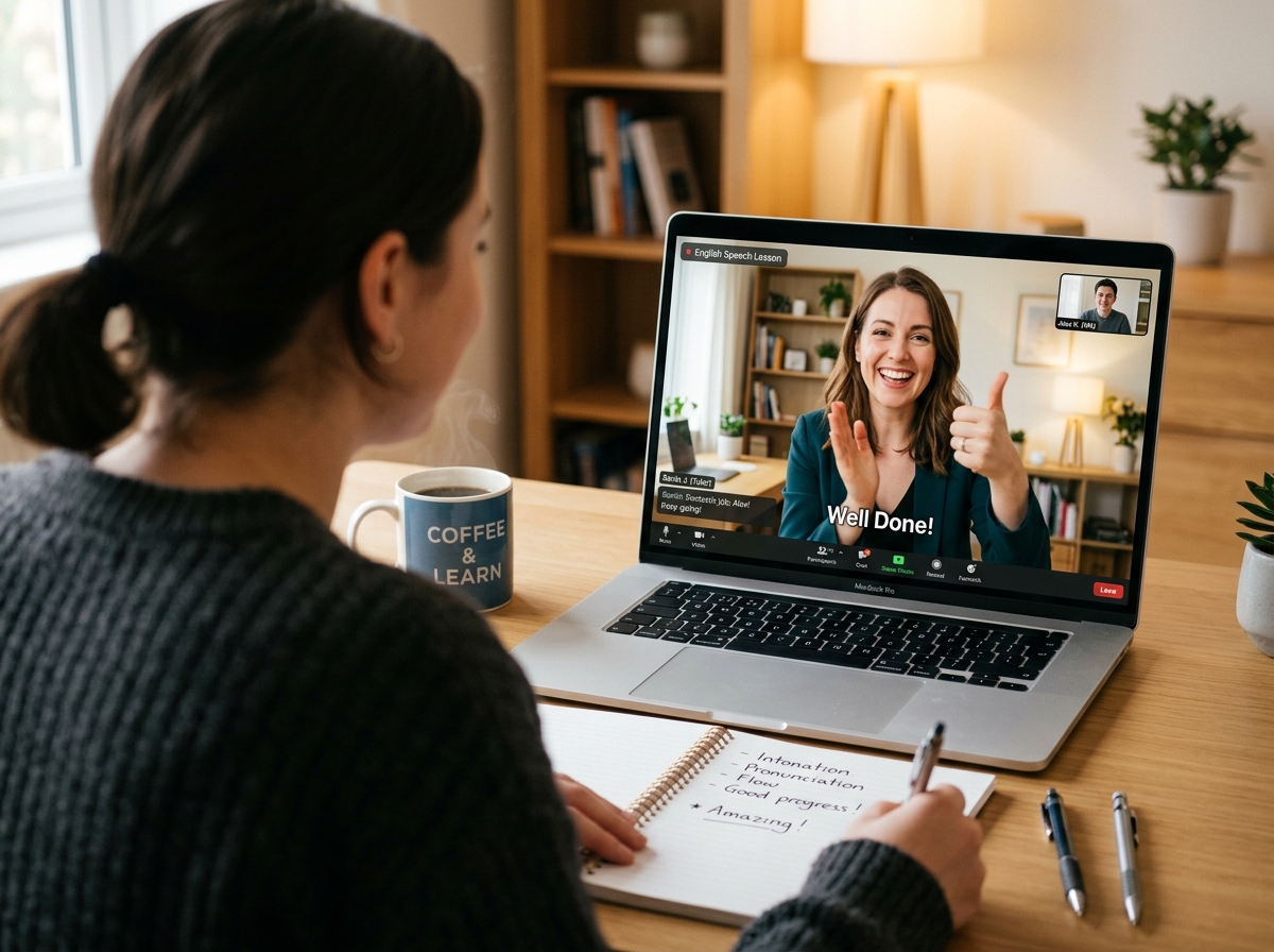 Online English tutor smiling and giving positive praise on video call